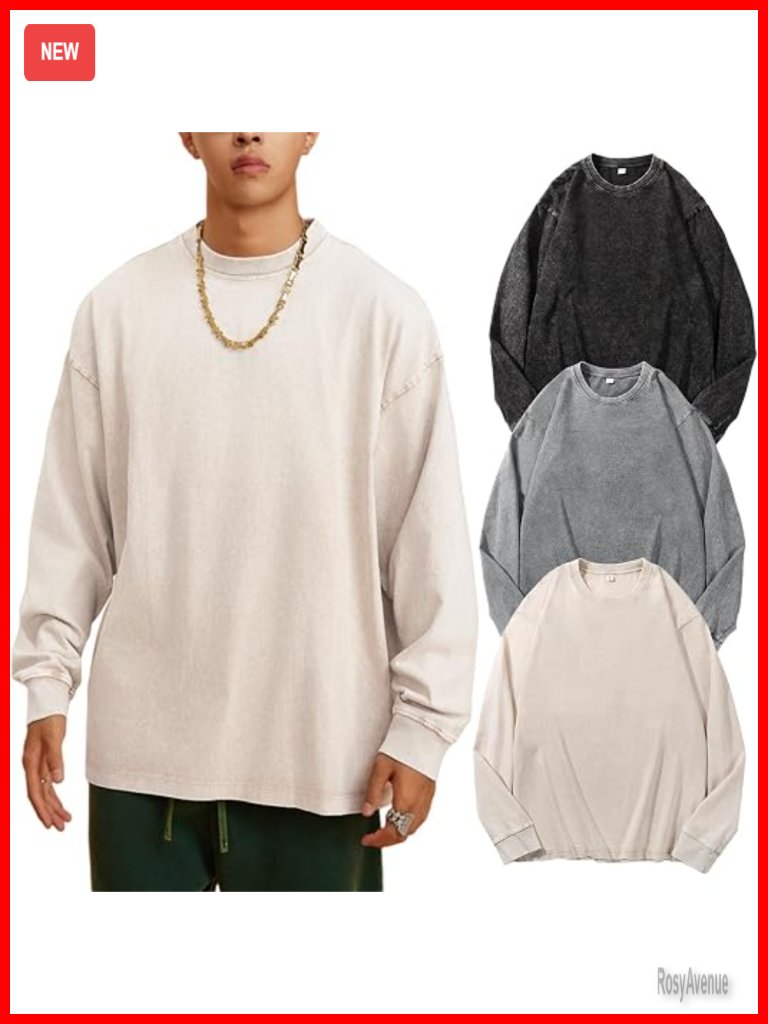 Mens Oversized Cotton Long Sleeve T-Shirt Acid Wash Baggy Tee